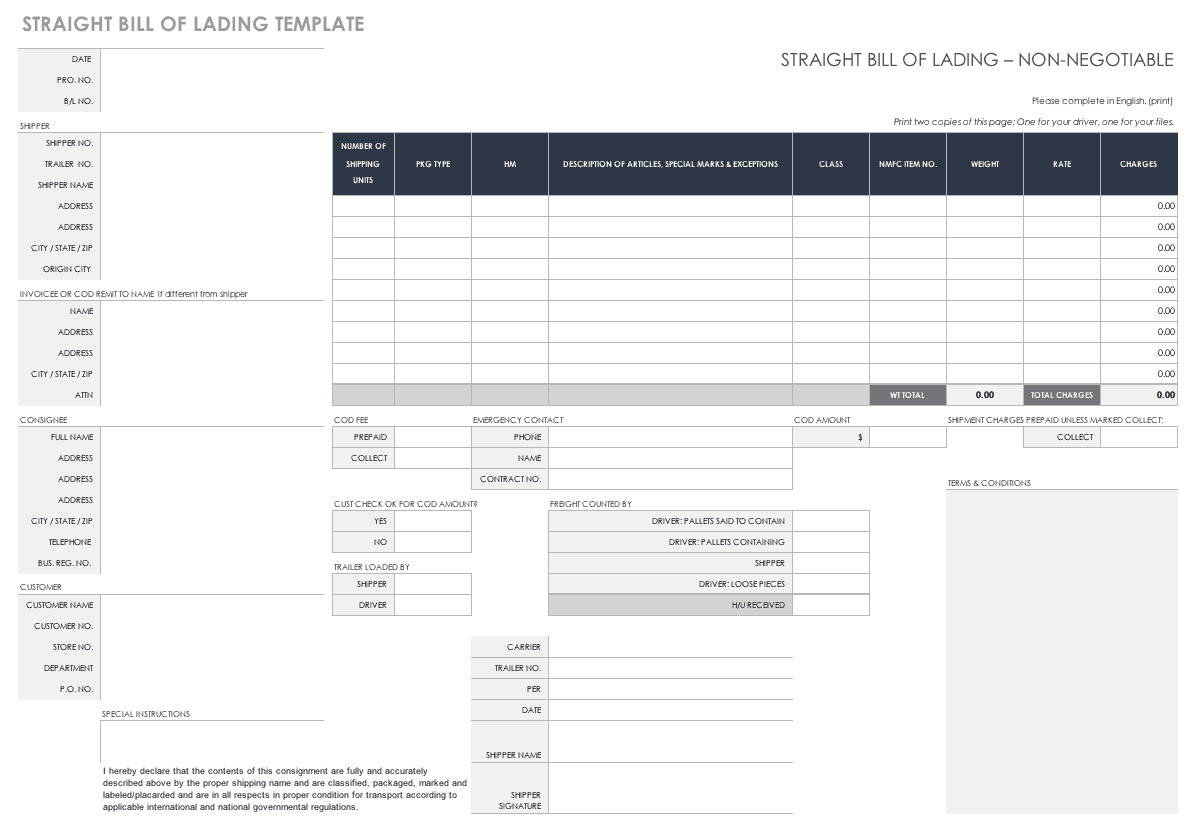 Free Bill of Lading Templates Smartsheet