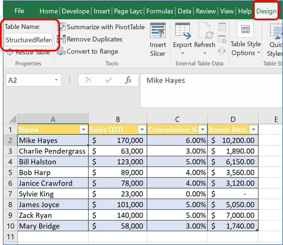 assign table tool designs in excel