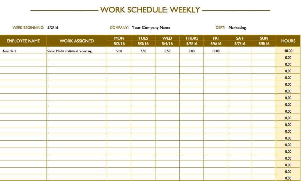 weekly working schedule excel template