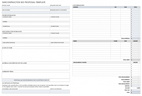 Subcontractor Bid Proposal Form Template