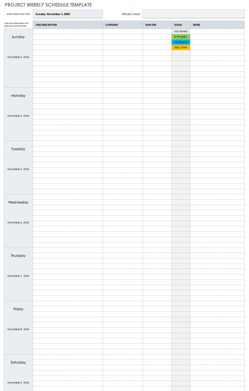 printable daily project schedule work