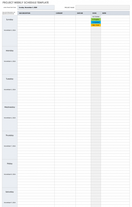 Project Weekly Schedule Template