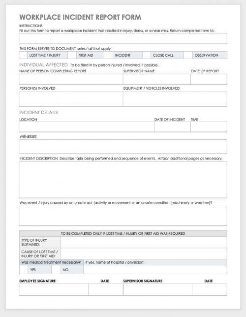 Workplace Incident Report Form Template