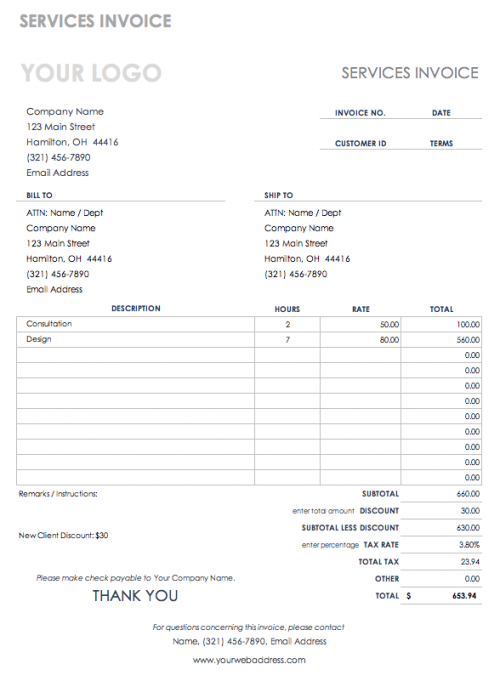 template for invoice for professional services