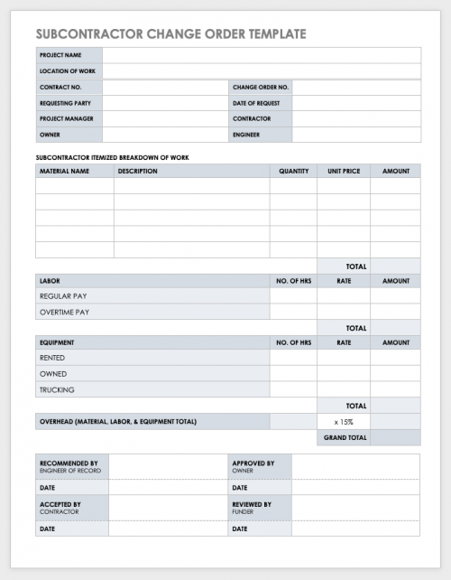 Free Construction Change Order Forms Smartsheet   IC Subcontractor Change Order Template WORD 