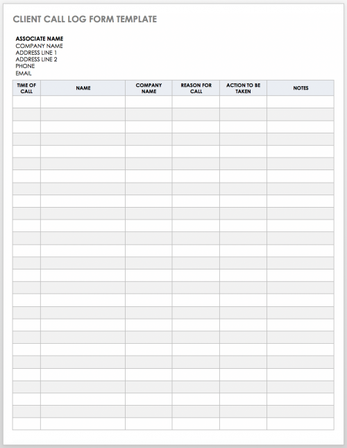 Client Call Log Form Template