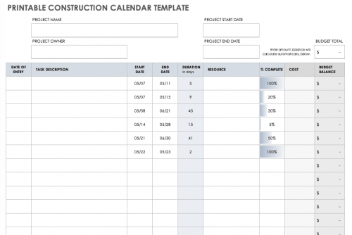 Free Construction Calendar Templates | Smartsheet