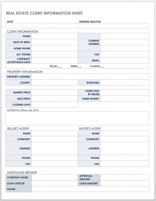 Real Estate Client Information Sheet Template