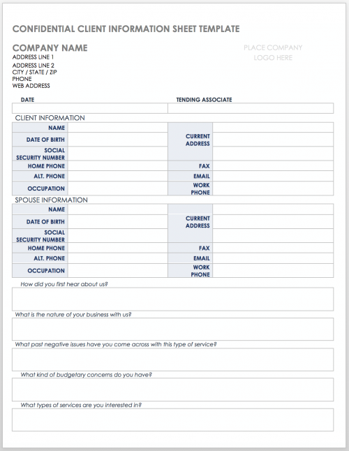 Confidential Client Information Sheet Template