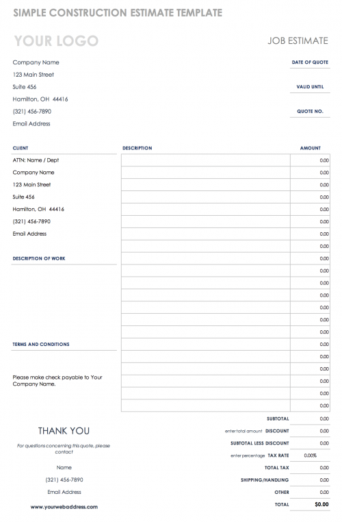 Simple Construction Estimate Template