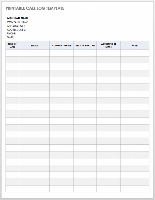 Printable Call Log Template