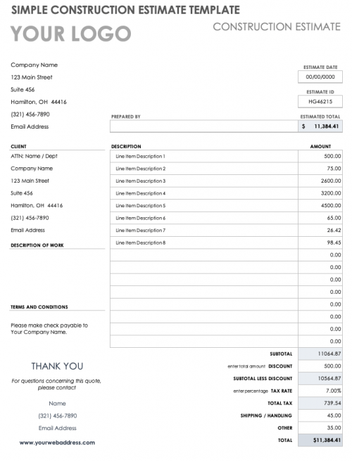 Simple Construction Estimate Template