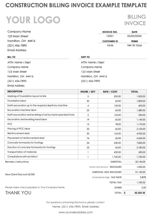 Construction Billing Invoice Example Template