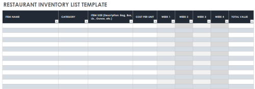 Restaurant inventory List Template