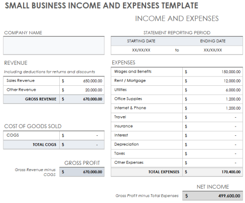 Printable Small Business Income and Expenses Template