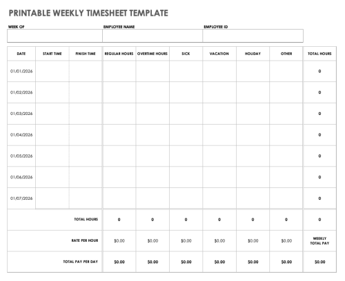 Printable Weekly Timesheet Template