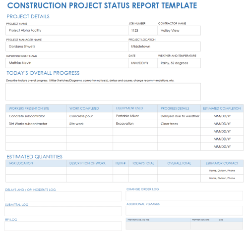 Construction Project Status Report Template