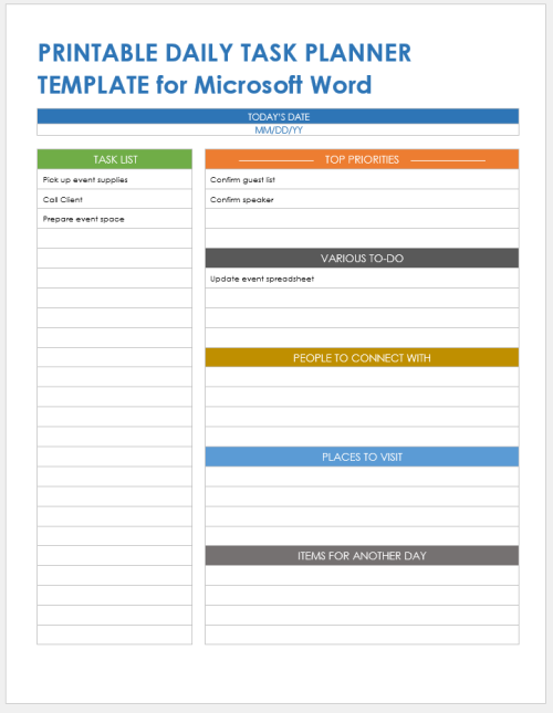 Printable Daily Task Planner Template Microsoft Word