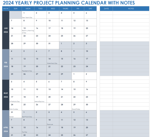 2024 Yearly Project Planning Calendar with Notes