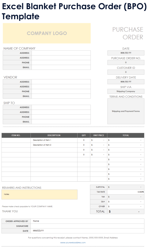 Blanket Purchase Order BPO Template