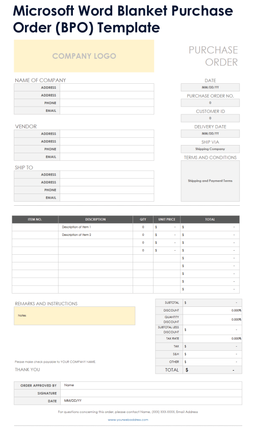 Microsoft Word Blanket Purchase Order BPO Template