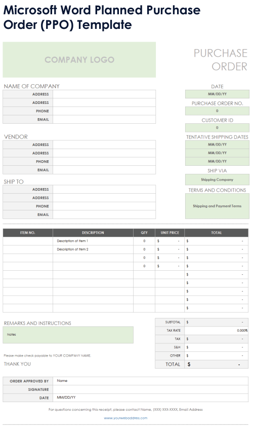 Microsoft Word Planned Purchase Order PPO Template