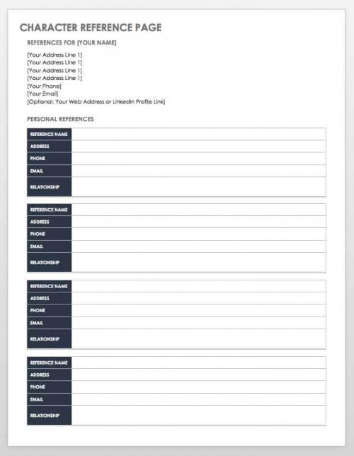 Character Reference List Template