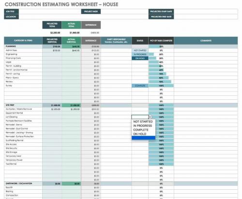 Construction Estimating Worksheet House Template