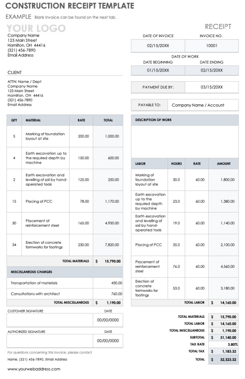 Construction Receipt Template