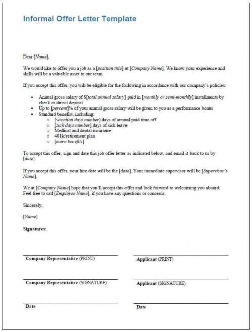 Informal Offer Letter Template