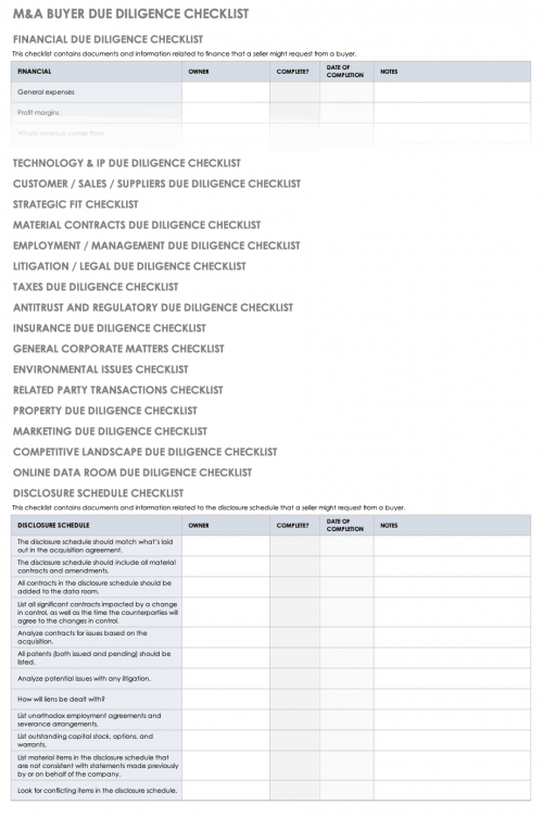 M&A Buyer Due Diligence Checklist Template