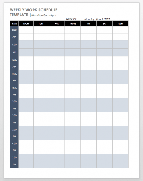 Mon-Sun 8-6 Weekly Schedule Template Word