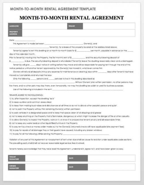 Month to Month Rental Agreement Template