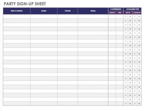 Party Sign-Up Sheet Template