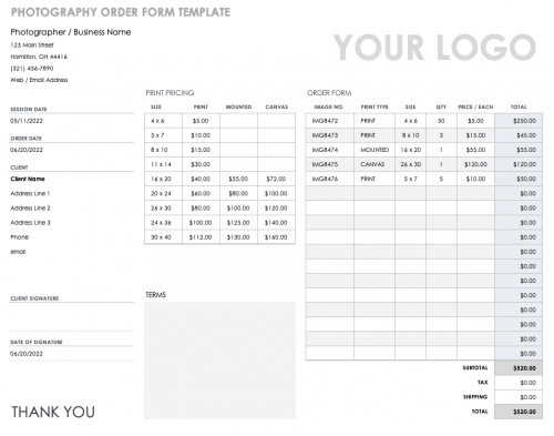 Photography Order Form Template