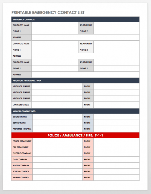 Printable Emergency Contact List