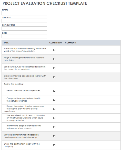 Project Evaluation Checklist Template