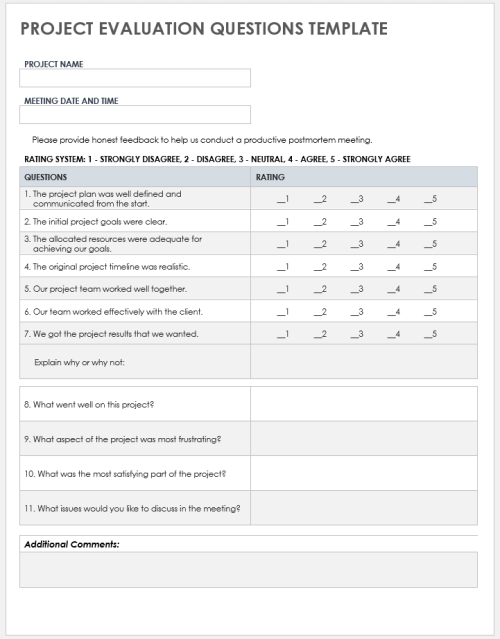 Project Evaluation Questions Template