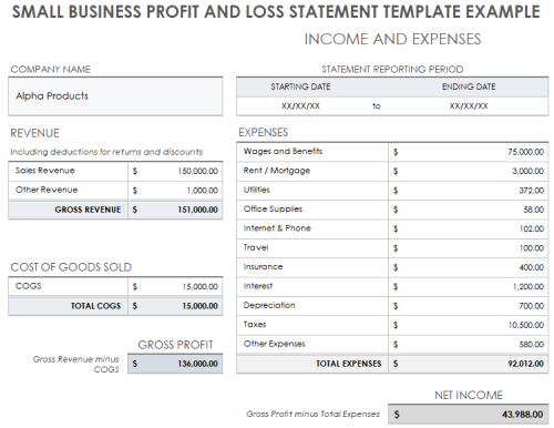 Small Business Profit and Loss Statement Template Example