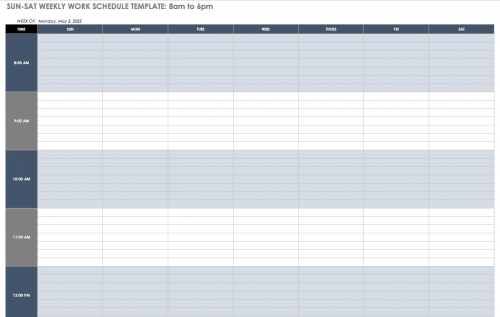 Sun Sat Weekly Work Schedule 8-6 Template