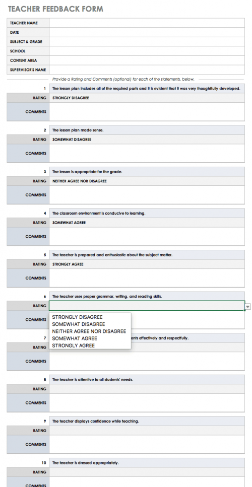 teacher Feedback Form Template