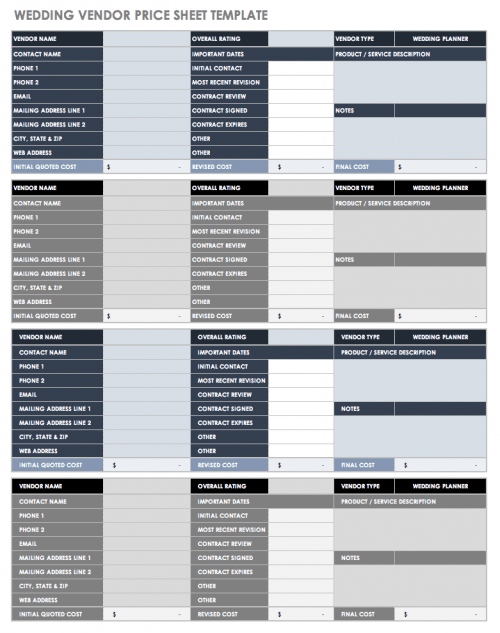 Wedding Vendor Price Sheet Template