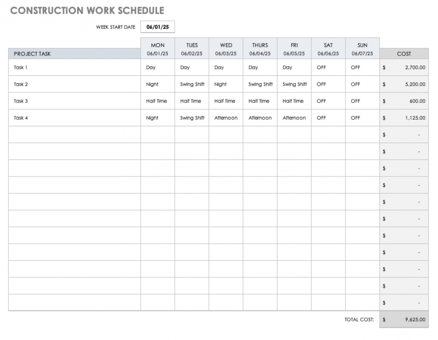 construction work schedule template excel free