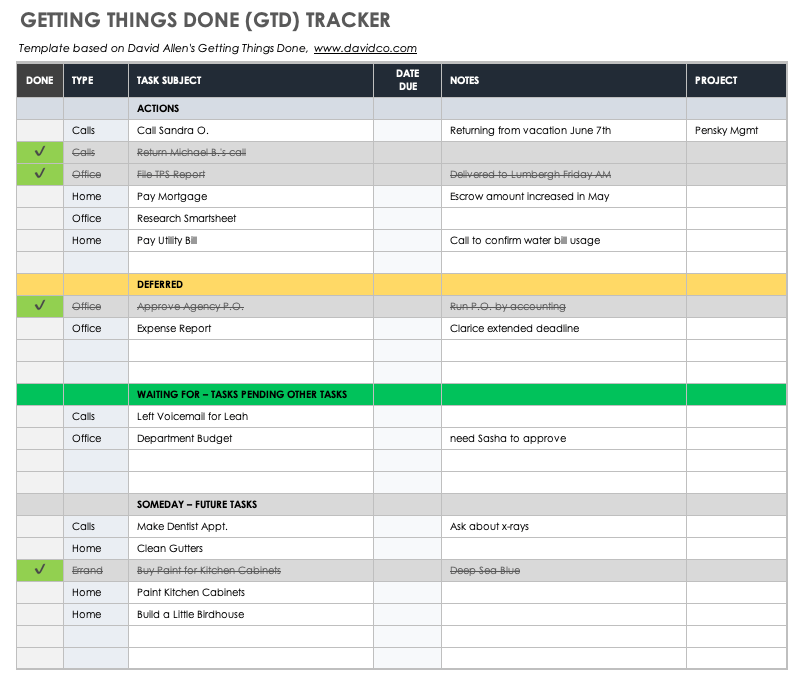 getting things done template excel