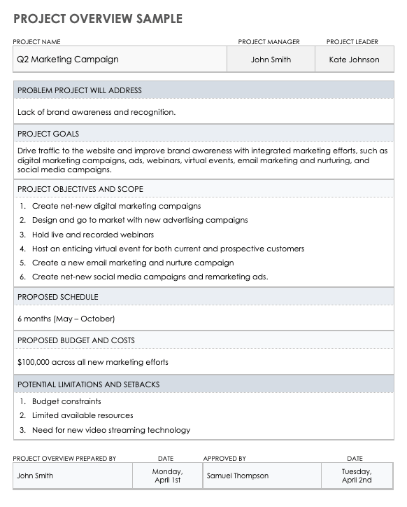 Free Project Overview Templates Smartsheet