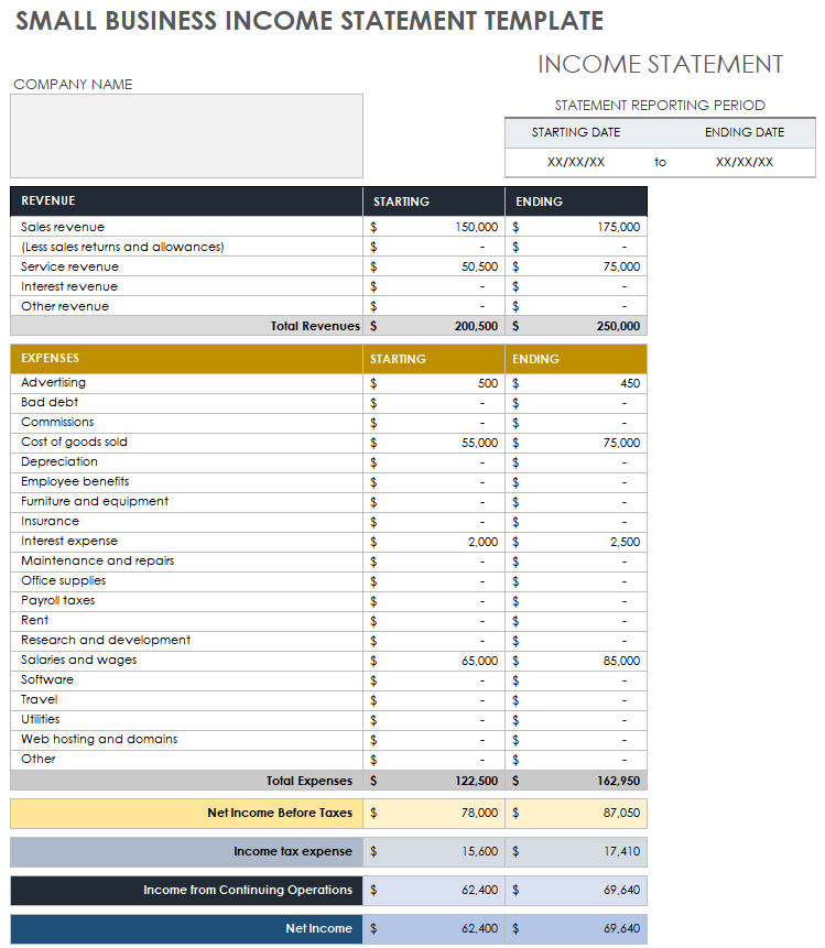 Small Business Income Statement Templates Smartsheet 9195