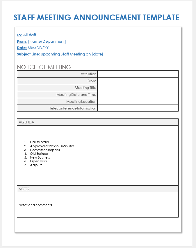 Free Staff Meeting Templates Smartsheet   IC Staff Meeting Announcement Template 