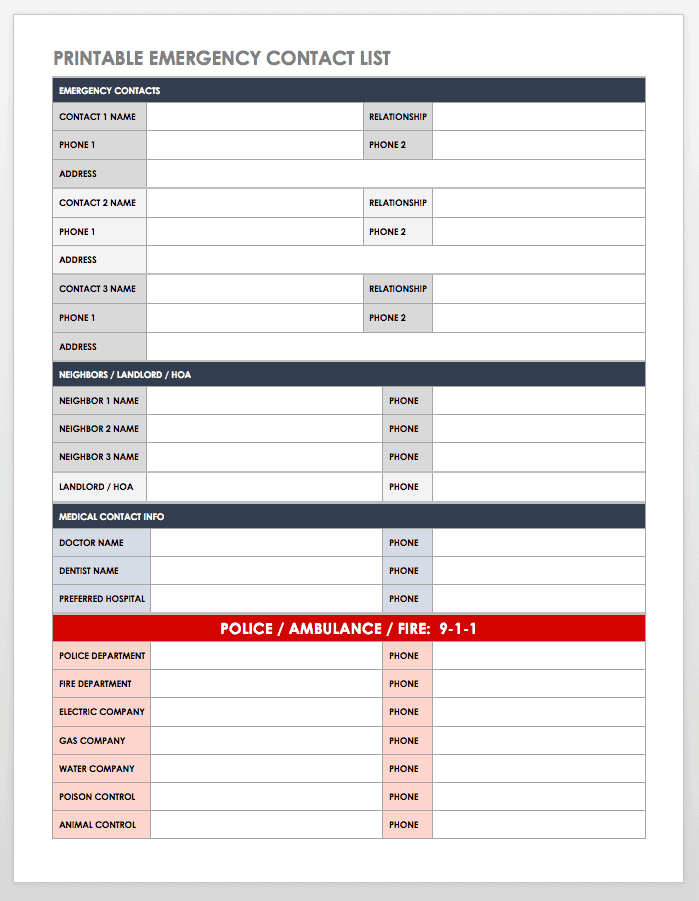 Free Printable Emergency Contact List For Home