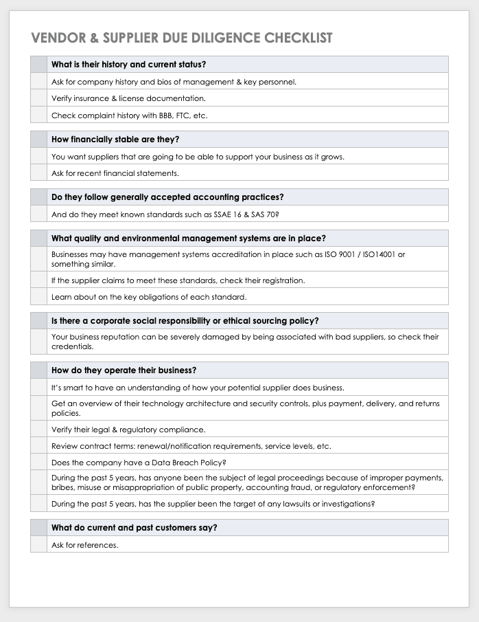 Free Due Diligence Templates And Checklists | Smartsheet