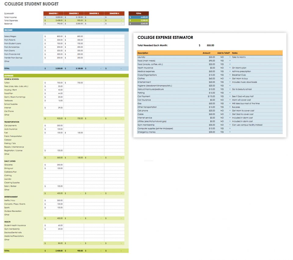 College Student Budget Template Google Sheets